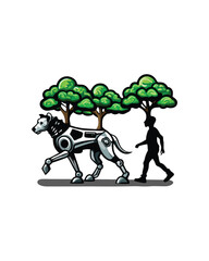A person walking a mechanical robot dog in a futuristic setting with trees in the background.