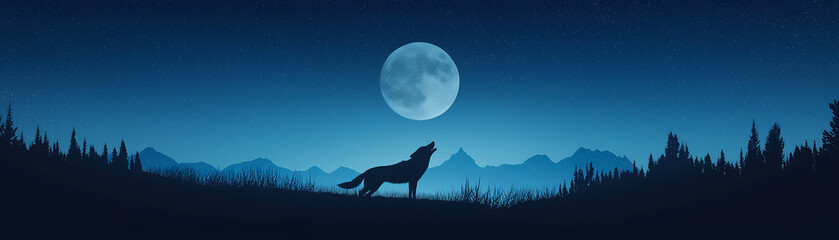  A silhouette of a wolf howling against a glowing full moon in a serene nighttime forest landscape, evoking wilderness and mystery.