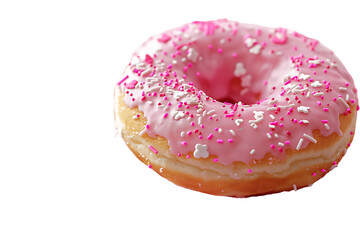 Sweet glazed pink donut with colorful sprinkles on a white background