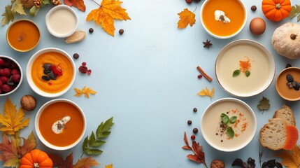 Autumnal feast with soups and seasonal vegetables on dark background. Cozy and festive autumn meal.