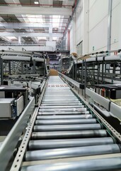 Obraz premium packing line in a logistics warehouse. conveyor belt in a modern production line