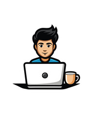 A cartoon illustration of a man working from home, sitting at a desk with a laptop, a mug and a happy expression.