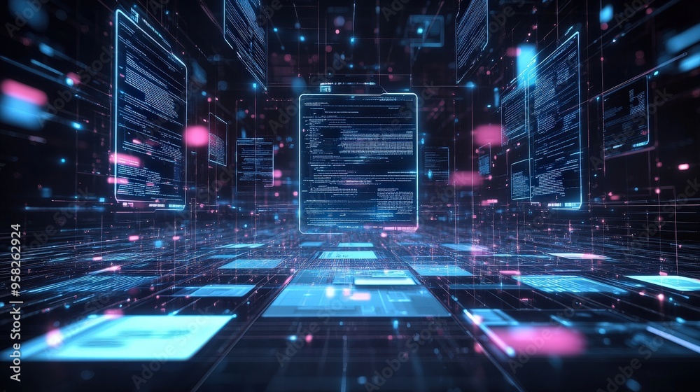 Poster abstract network grid with files and folders, futuristic software interface, digital document manage