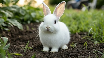 Fototapeta premium Adorable white rabbit outdoors in a farm environment, looking curiously at the camera, surrounded by grass and soil, highlighting its fluffy fur