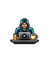 A man sitting at a desk in front of a laptop with a drink and a coffee mug.