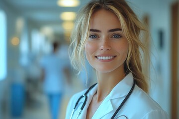 confident female doctor in white coat and stethoscope standing in modern hospital corridor warm smile conveying compassion and expertise against backdrop of medical technology