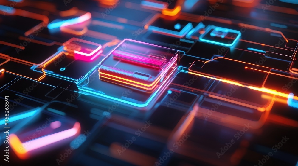 Poster abstract network grid with files and folders, futuristic software interface, digital document manage