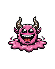 A cartoon monster with horns smiling brightly, in the shape of a blob, with pink goo dripping from the bottom.