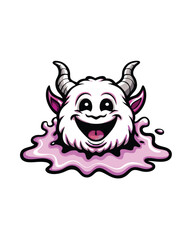 A playful blob-like monster with horns happily smiles.