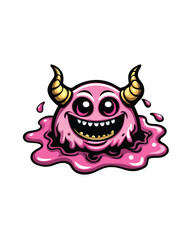 A cartoon pink blob monster with golden horns and a toothy grin, its body is dripping pink goo.