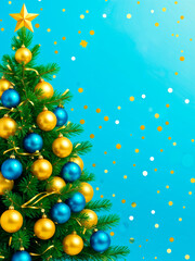 green fir tree decorated with yellow and blue balls on a light golden background with space to paste text. Happy New Year concept
