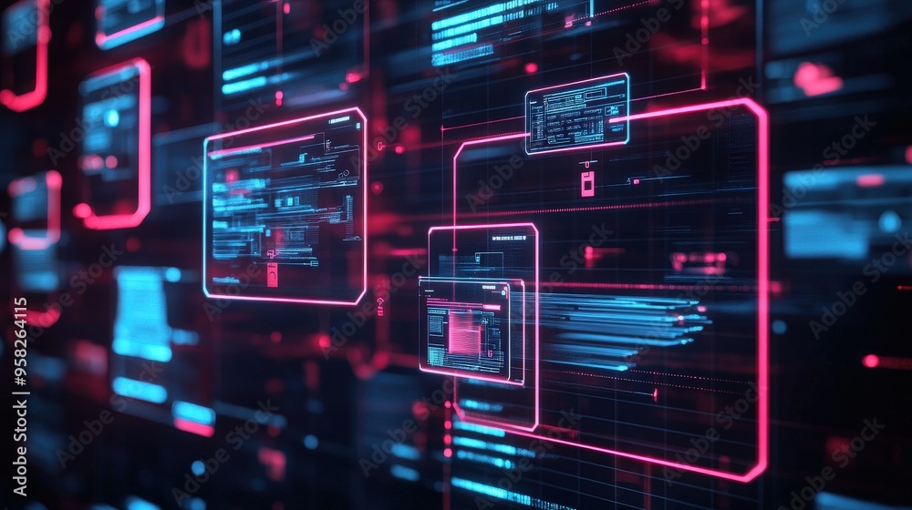 Poster abstract network grid with files and folders, futuristic software interface, digital document manage