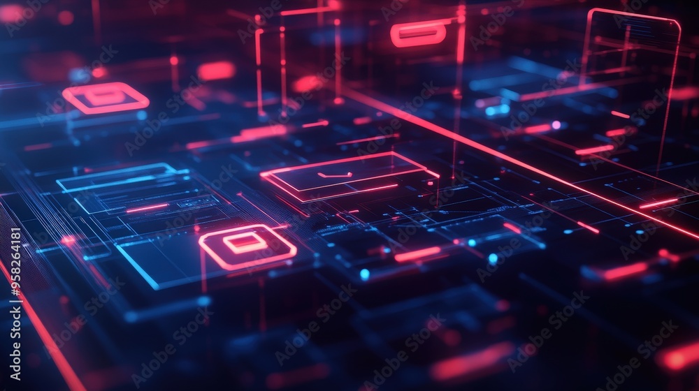 Poster abstract network grid with files and folders, futuristic software interface, digital document manage