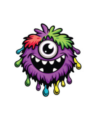 A cartoon monster with one eye, purple fur, and colorful paint splatter.