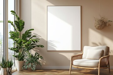 Poster Frame in Beige minimalist living room interior created with generative AI