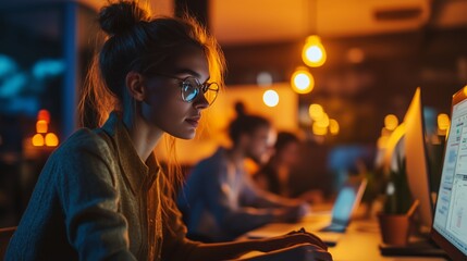 Fototapeta premium A young woman focused on her computer in a dimly lit workspace with warm pendant lights during late-night hours