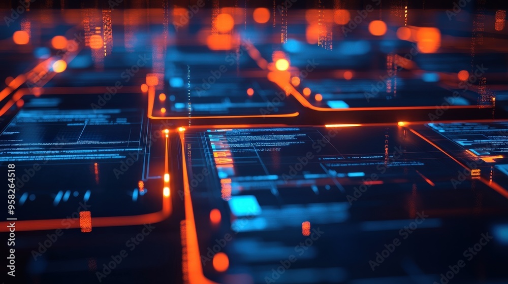 Poster abstract network grid with files and folders, futuristic software interface, digital document manage