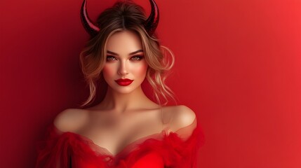 Alluring Devil Woman in Red Costume with Horns for Halloween Portrait