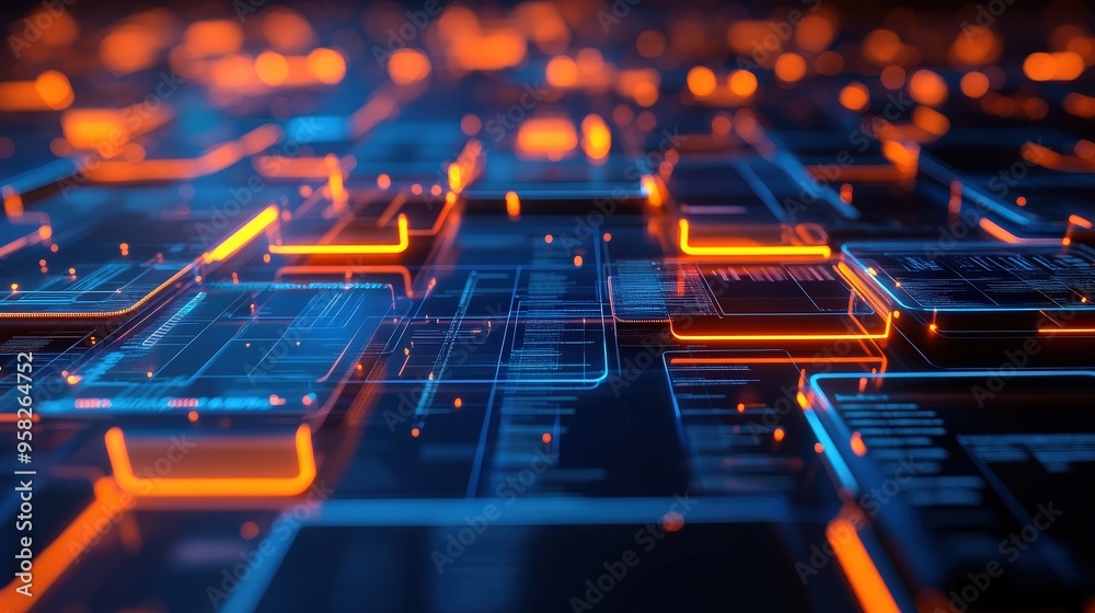 Poster abstract network grid with files and folders, futuristic software interface, digital document manage