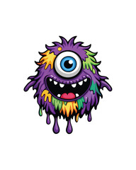 A playful, one-eyed monster with purple fur covered in colorful paint splatters, smiling with a big open mouth.