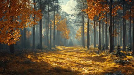 Obraz premium A serene autumn forest with vibrant orange leaves, casting warm light onto a peaceful path through the trees.