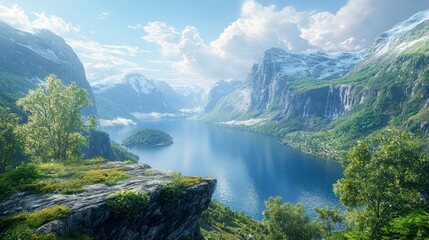 Obraz premium Scenic mountain lake surrounded by lush greenery under a bright blue sky