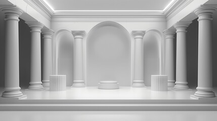 Elegant White Classical Pillars and Archways in Grand Hall.