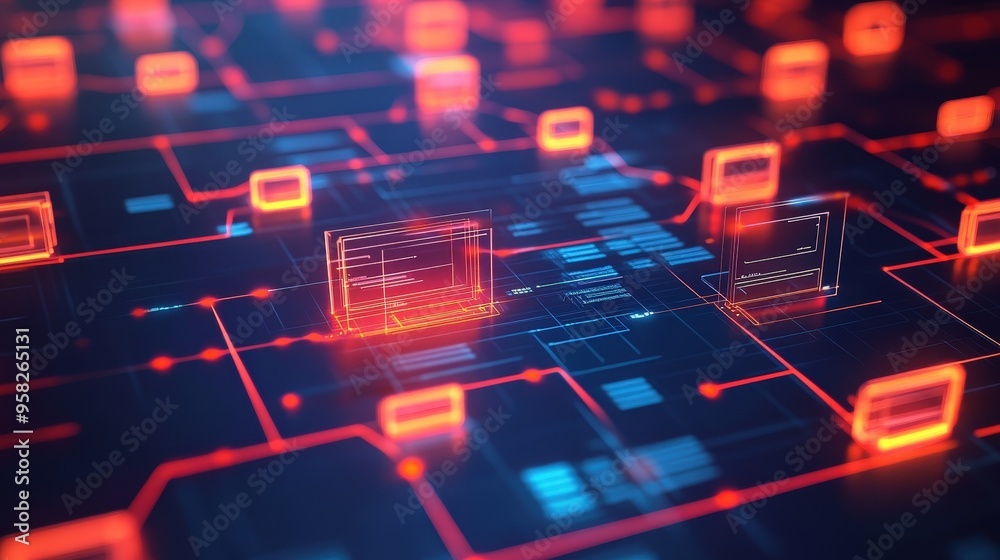 Poster abstract network grid with files and folders, futuristic software interface, digital document manage