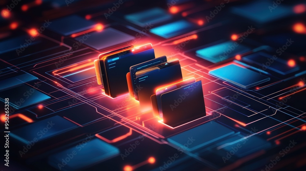 Poster abstract network grid with files and folders, futuristic software interface, digital document manage