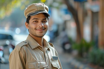 Friendly Indian Male Delivery Driver in Uniform Looking at Camera with a Warm Smile