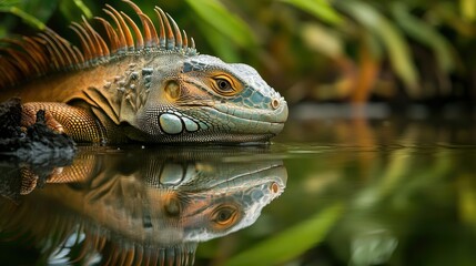 Obraz premium An iguana drinking from a waterhole, its reflection shimmering in the clear water.