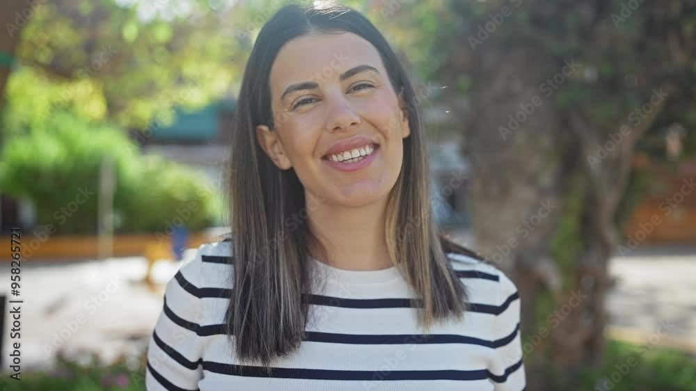 Wall mural Young hispanic brunette woman smiling in an urban park wearing a striped shirt outdoors on a sunny day