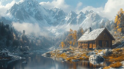 Fototapeta premium A serene cabin by a tranquil lake surrounded by majestic mountains and autumn foliage, evoking peace and natural beauty.
