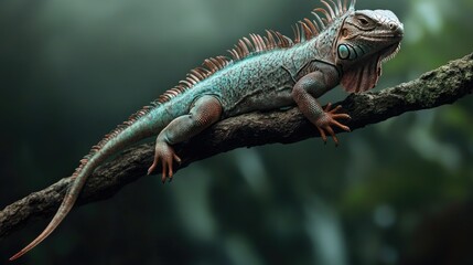 Fototapeta premium An iguana perched on a branch, its long tail dangling below.