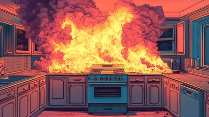 A vintage kitchen on fire, retro appliances engulfed in flames, thick smoke rolling across the ceiling, Pop Art style, Bold colors, Comic book effect, High contrast