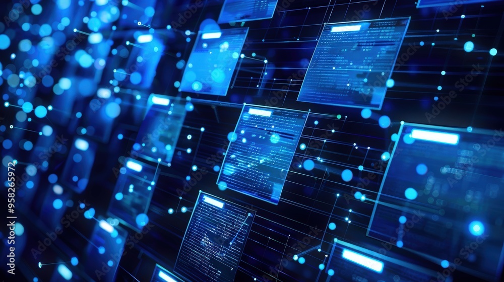 Poster abstract network grid with files and folders, futuristic software interface, digital document manage