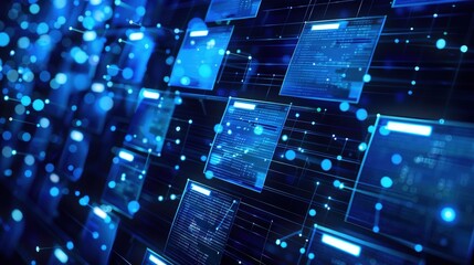 Abstract network grid with files and folders, futuristic software interface, digital document management system, store, search and organize documents, corporate business, paperless office	
