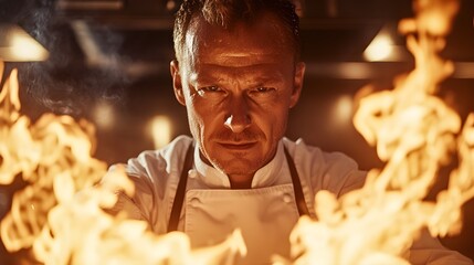 Chef caught in the moment, flames reflecting in his eyes, kitchen ablaze with energy, smoke swirling as he masters the fire, a culinary showdown