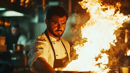 Chef caught in the moment, flames reflecting in his eyes, kitchen ablaze with energy, smoke swirling as he masters the fire, a culinary showdown