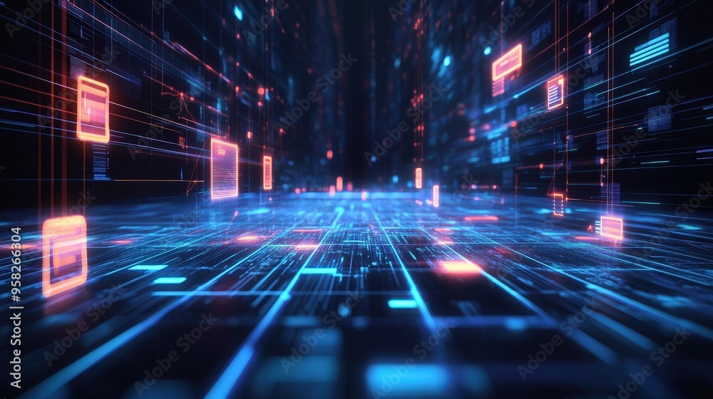 Poster abstract network grid with files and folders, futuristic software interface, digital document manage