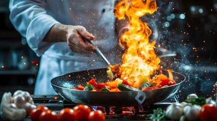Chef mid-toss of fresh vegetables, intense flames roaring from the pan, urgent kitchen fire scene, highlighting the heat and energy of professional cooking