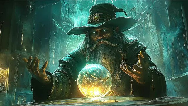 Elderly wizard magician astrologist in wide-brimmed hat gazes into a crystal ball, predicting the future amid a mystical, fairytale-like setting