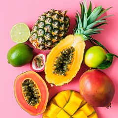 Top view creative layout with exotic summer fruits on pink background