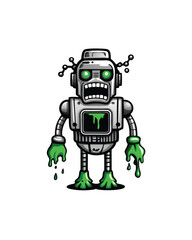 A cartoon robot monster malfunctioning, with green glowing liquid leaking from its body.