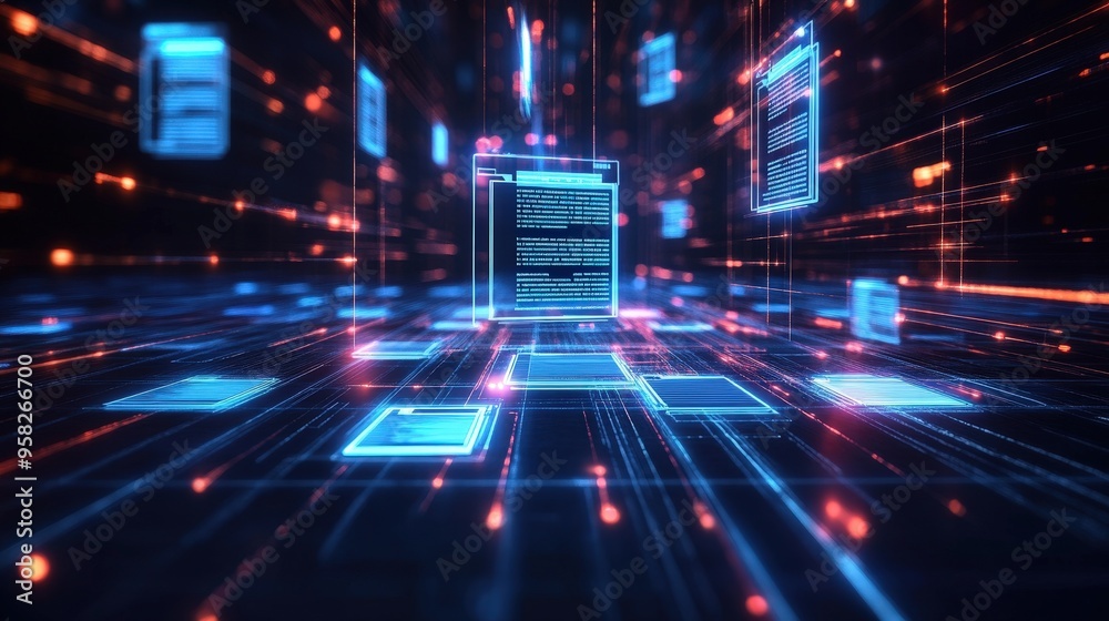 Poster abstract network grid with files and folders, futuristic software interface, digital document manage