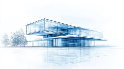 Architectural sketch of a modern building design with blueprints and trees