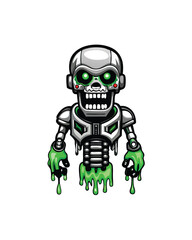 A robotic monster with a skull-like head is malfunctioning, leaking glowing green liquid.