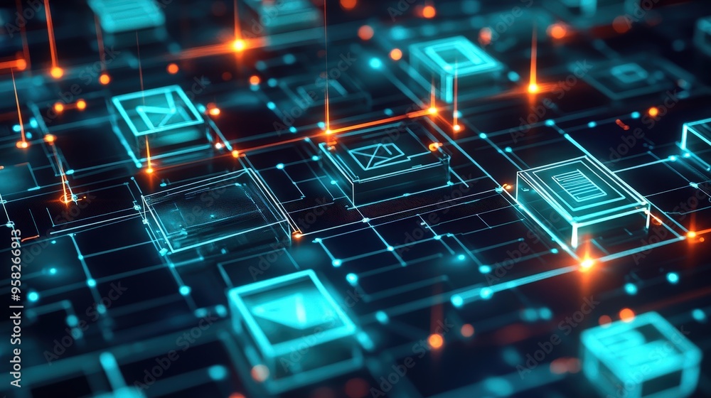 Poster abstract network grid with files and folders, futuristic software interface, digital document manage