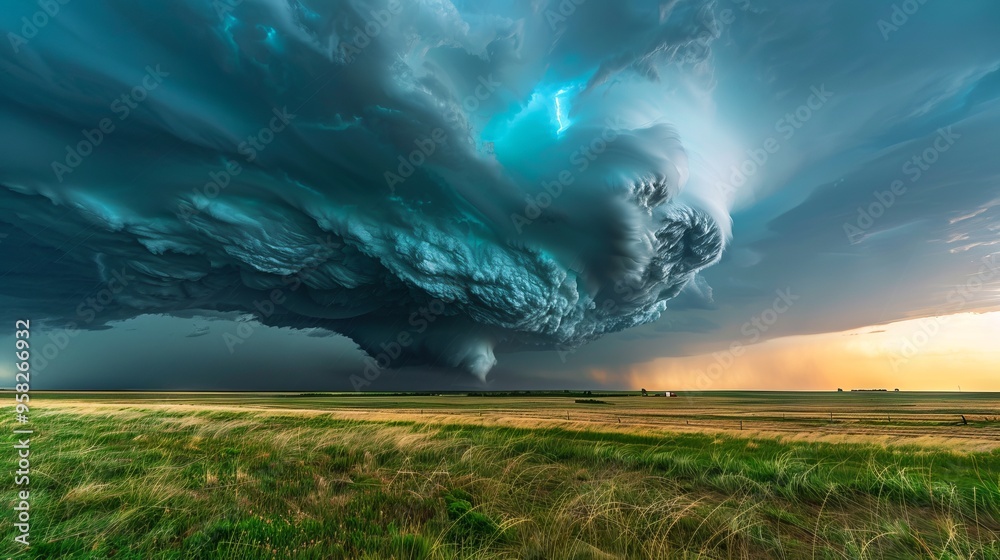 Poster A large storm cloud is hovering over a field of grass
