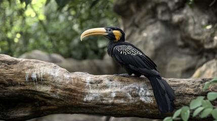An Oriental Pied Hornbill perched on a fallen log, its eyes focused on something in the distance.
